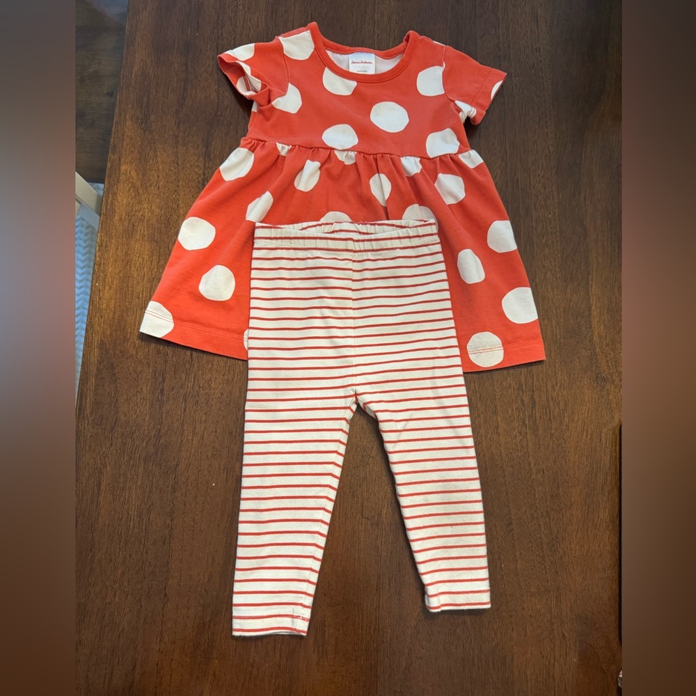 Hanna Andersson EUC Orange Polka Pot Dress with Striped Pants 12-18 mos
